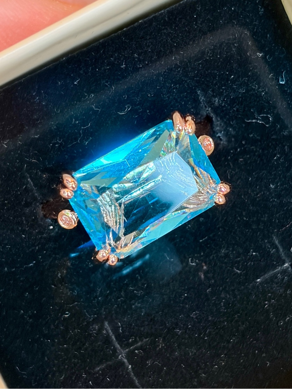 New Radiant Cut Simulated Aquamarine Rose Color Cocktail Statement Ring size 7